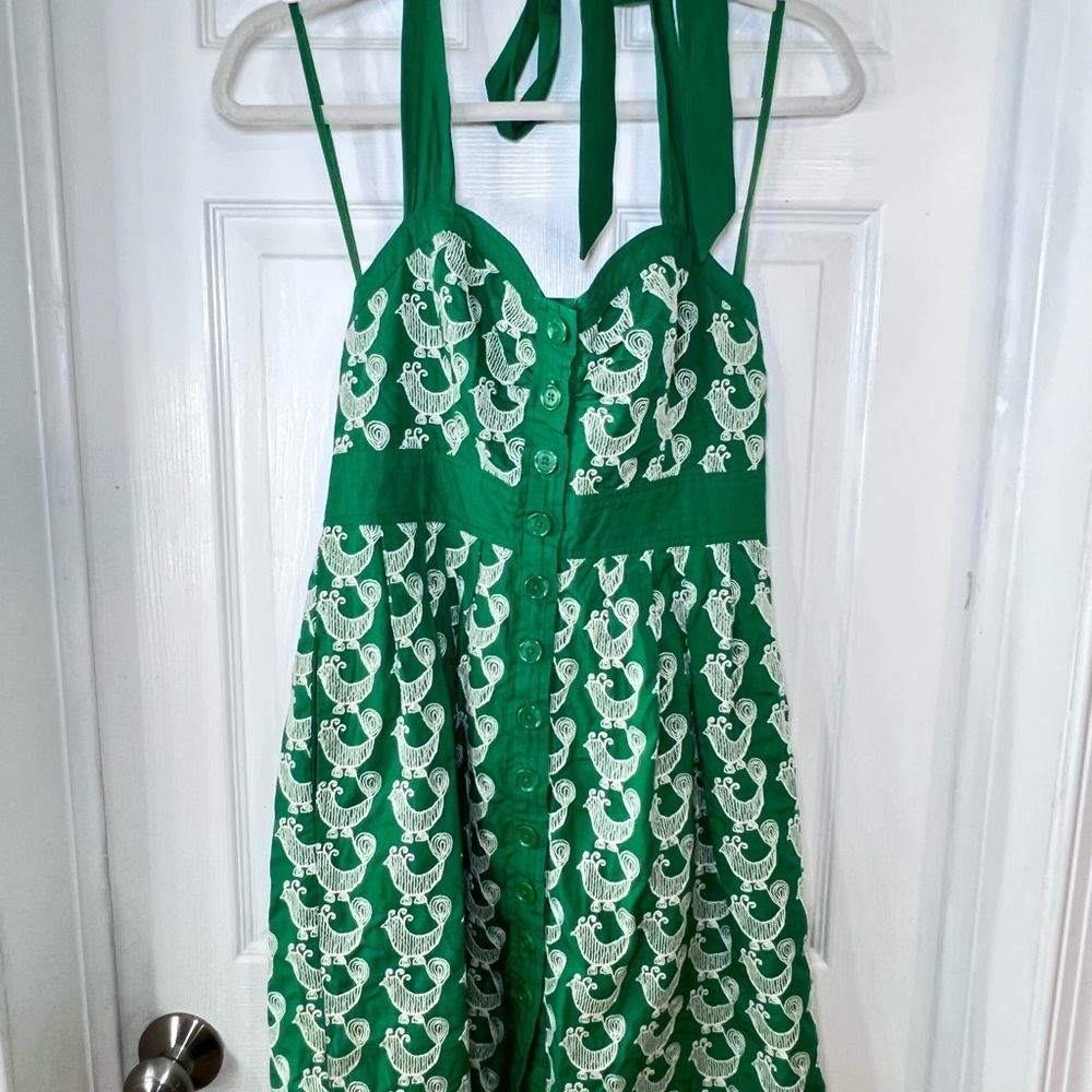 Floreat Anthropologie Cockadoodle Halter Tie Back Green and White Dress Size 4